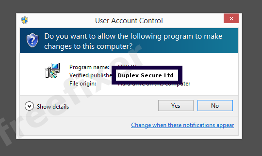 Screenshot where Duplex Secure Ltd appears as the verified publisher in the UAC dialog